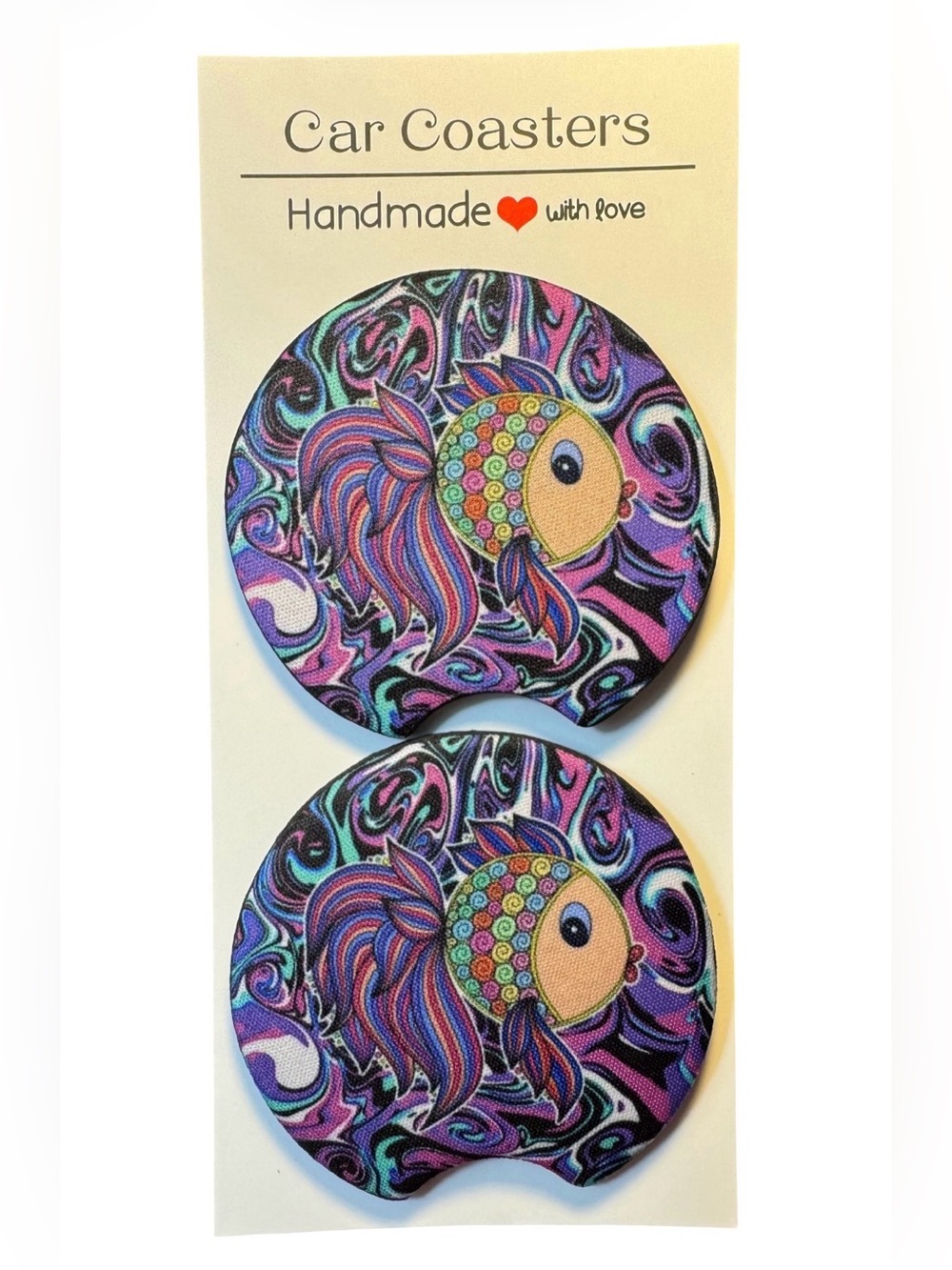 Psychedelic Fish Multicolor Car Cup Holder Coasters Set Of 2 New